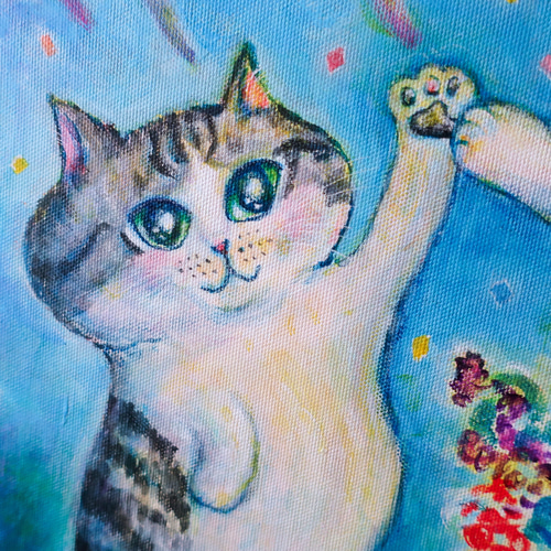 原画「お祝いの夜に」 F10号 #絵画 #ねこ #猫 #白猫 #天使猫 #花束