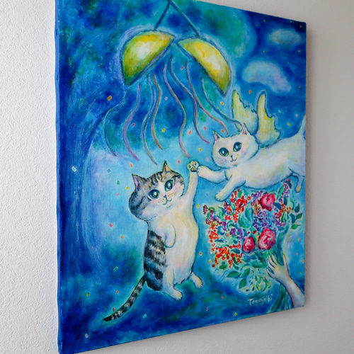 【アクリル画】 商品名 「帰宅」　額なし　F10号　新品 原画「お祝いの夜に」 F10号 #絵画 #ねこ #猫 #白猫 #天使猫 #花束