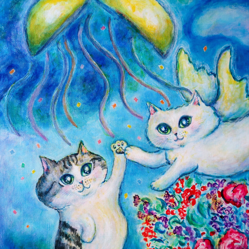 原画「お祝いの夜に」 F10号 #絵画 #ねこ #猫 #白猫 #天使猫 #花束