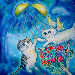 原画 「ねこと小鳥のフラワーガーデン（クリムトへのオマージュ