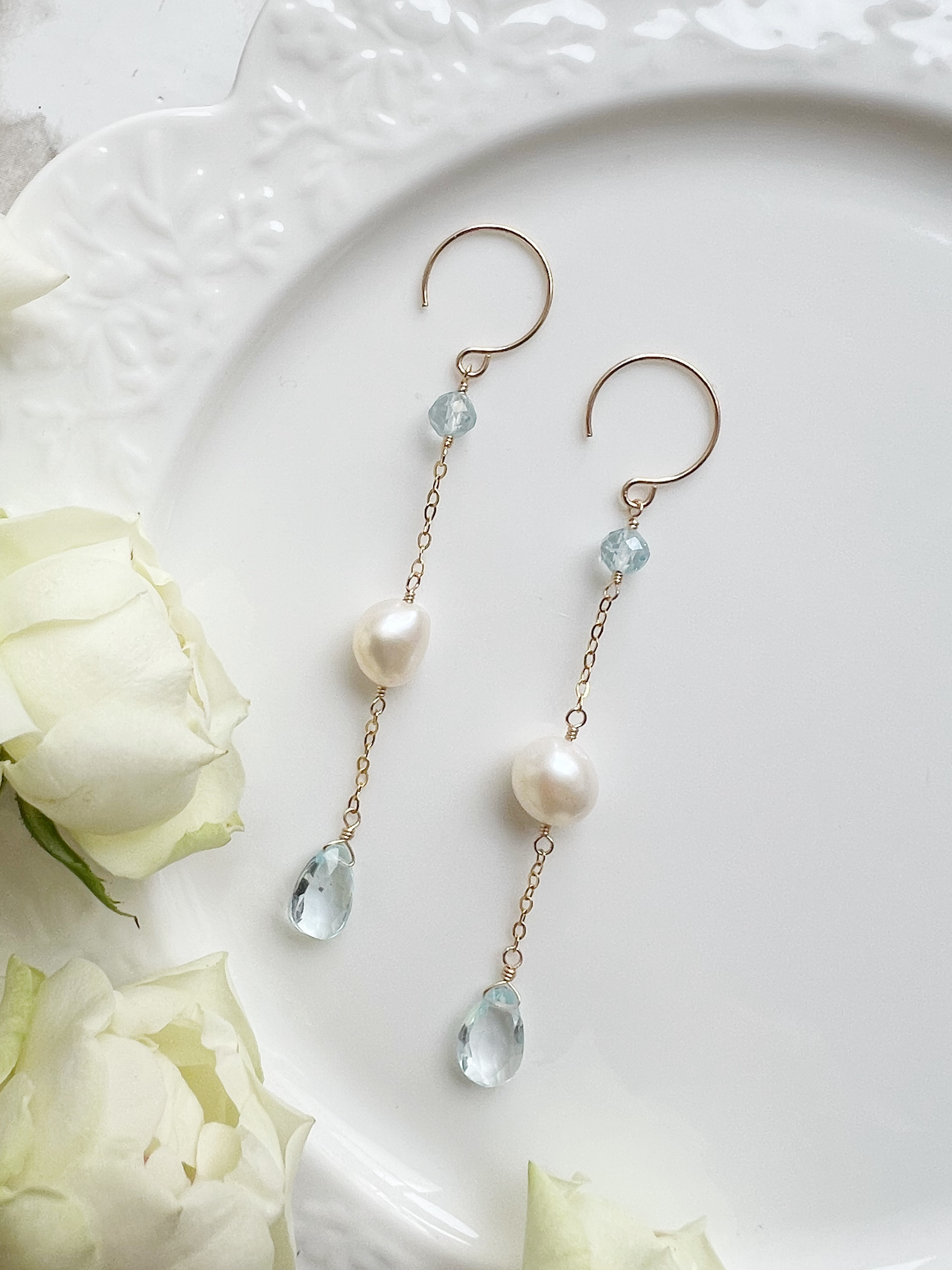 14KGF ブルートパーズ 淡水パール チェーンピアス