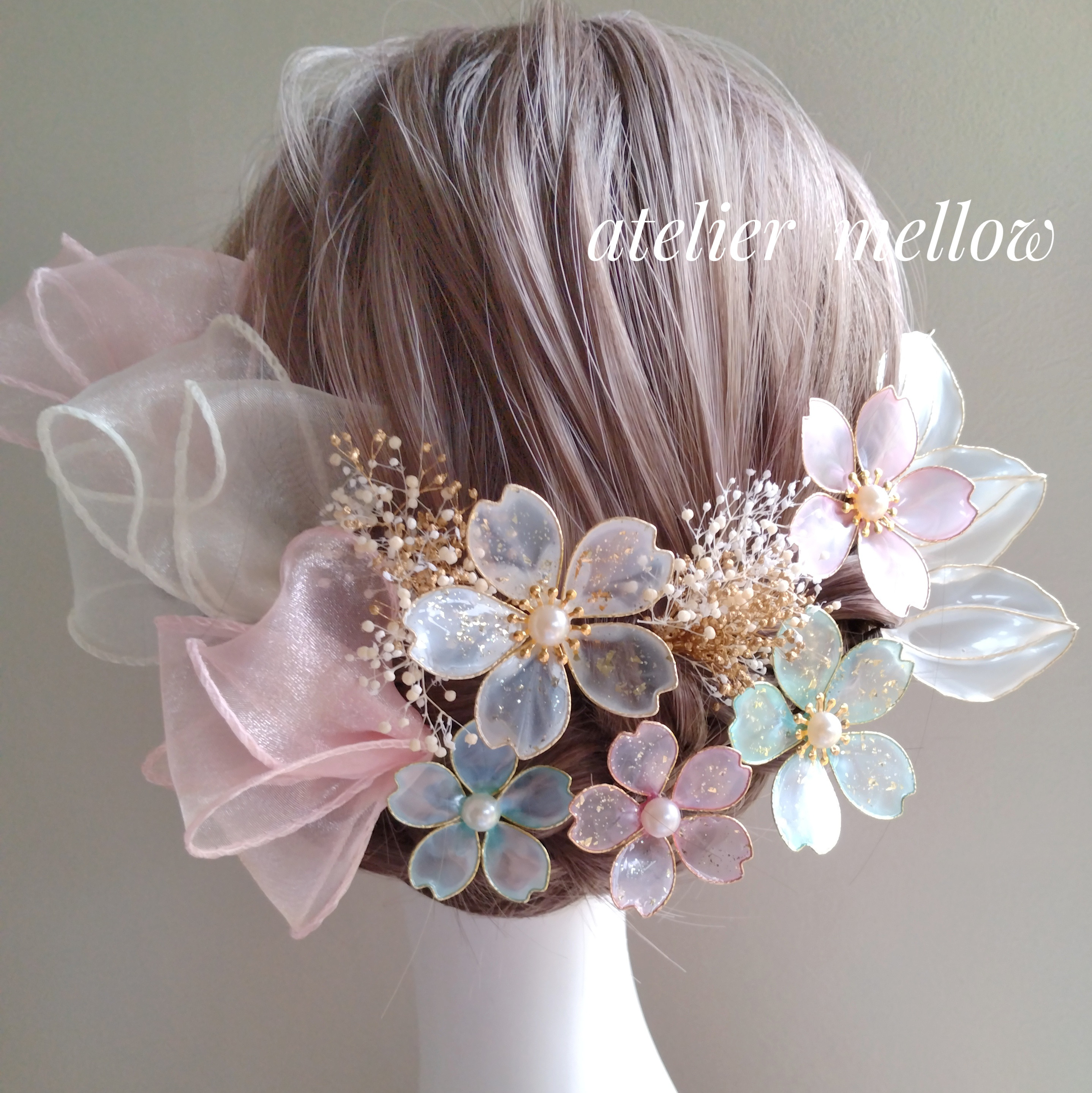 桜  成人式　ウェディング　七五三　髪飾り  ピンク 水色 ホワイト   ❁アメリカンフラワー ❁ ディップフラワー ❁