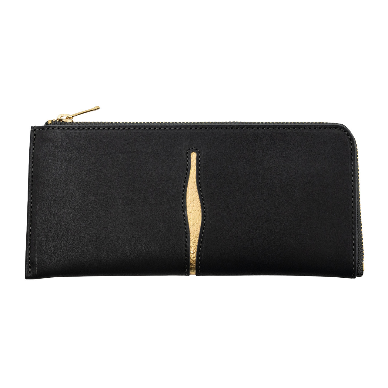 スリムウォレット バッファローレザー 薄くて軽い L字ファスナー 切れ込みデザイン 長財布 （黒）ゴールド
