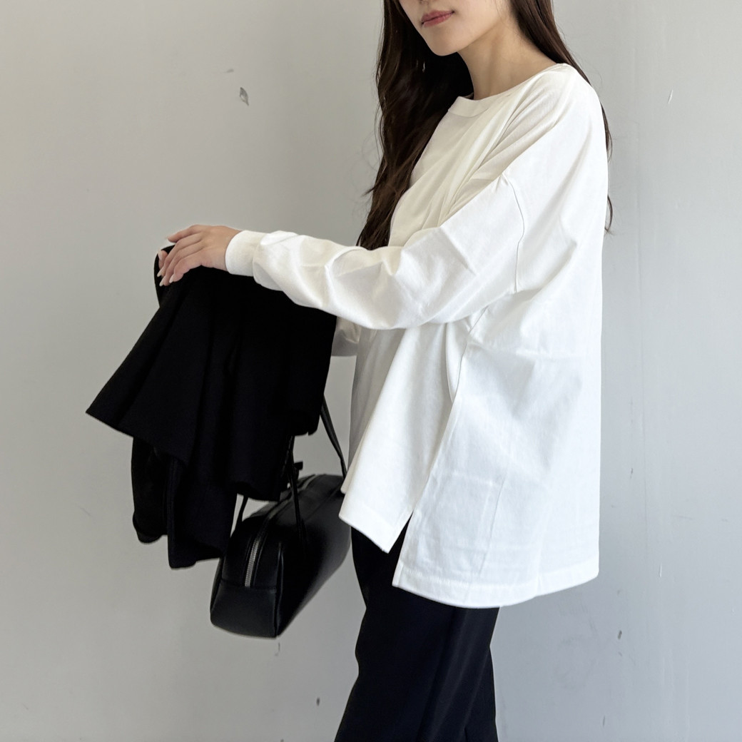 【日本製】USAコットン　ワイドシルエット長袖 裾スリット プルオーバー＿ホワイト