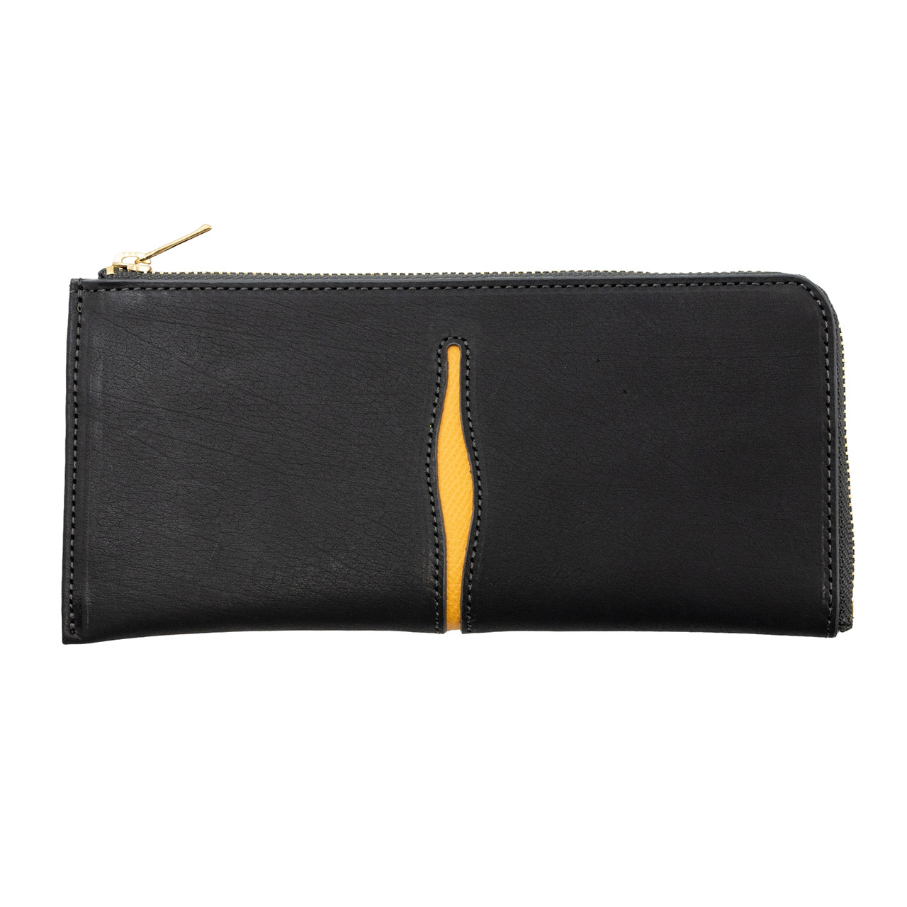 スリムウォレット バッファローレザー 薄くて軽い L字ファスナー 切れ込みデザイン 長財布 （黒）切れ込みイエロー色