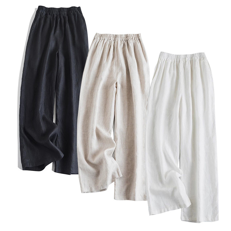ロングリネンパンツ　ワイドパンツ　ゴムウエストシンプルリネンパンツ　3色　L-XLサイズ　L688