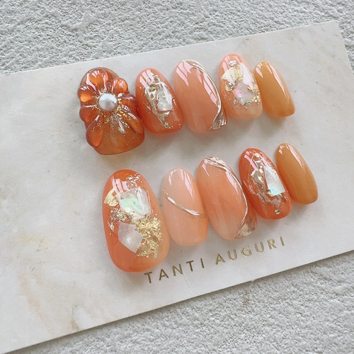 ニューサマーオレンジ ネイルチップ 夏 8月 9月 付け爪 おれんじ 前