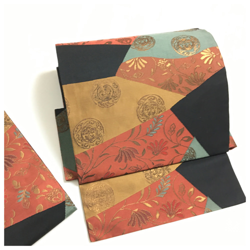 美品 正絹 名古屋帯 付け帯 黒 和紋 簡単装着 二部式 作り帯 和装小物