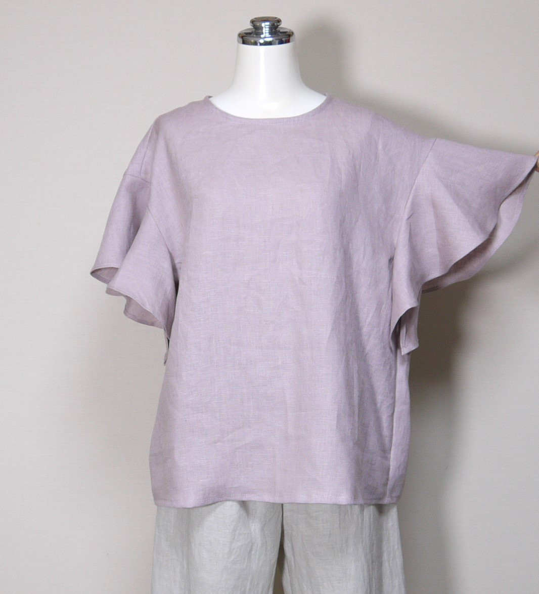 カラーリネン◆ラッフル袖ブラウス◆オールドモーブ◆S・Ｍ・Ｌ（中厚、リネン100％）