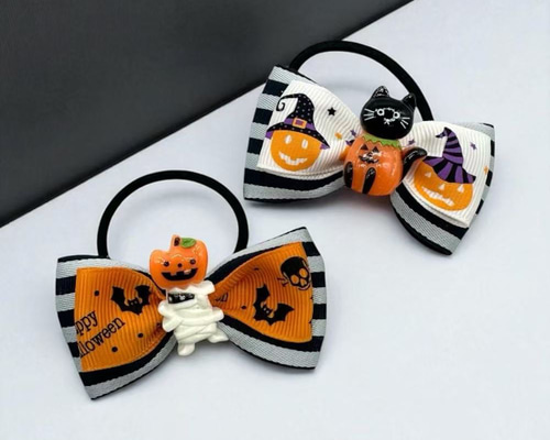 ハロウィンリボンのヘアゴム 黒猫 or ミイラ ジャック・ランタンの