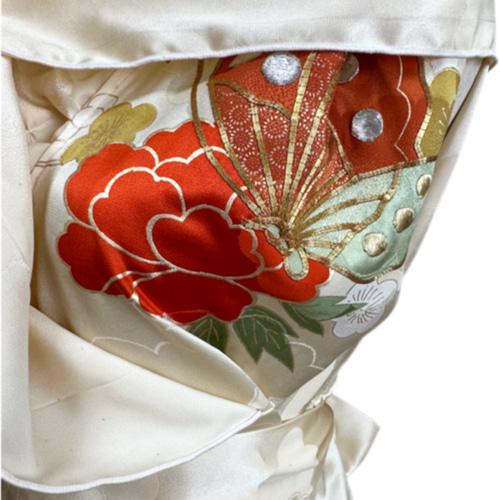 豪華！　振袖　着物リメイク　ドレス　レース袖　金糸金箔牡丹　和柄　ハンドメイド 超ロング 豪華！ 振袖着物リメイクドレス ふりふわレース袖＆裾