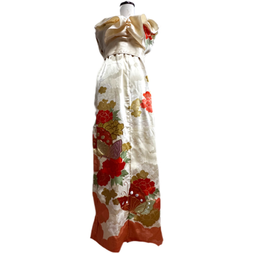 振袖 着物リメイク ドレス 和柄 ワンピース 亜麻色×菊や牡丹