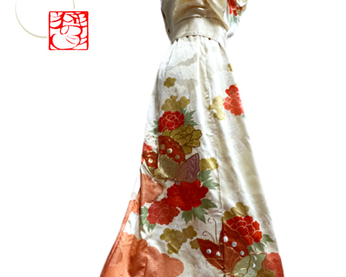 豪華！　振袖　着物リメイク　ドレス　レース袖　金糸金箔牡丹　和柄　ハンドメイド 超ロング 豪華！ 振袖着物リメイクドレス ふりふわレース袖＆裾