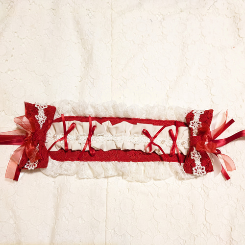 リボンと花レースのヘッドドレス 赤 ヘッドドレス（アクセサリー