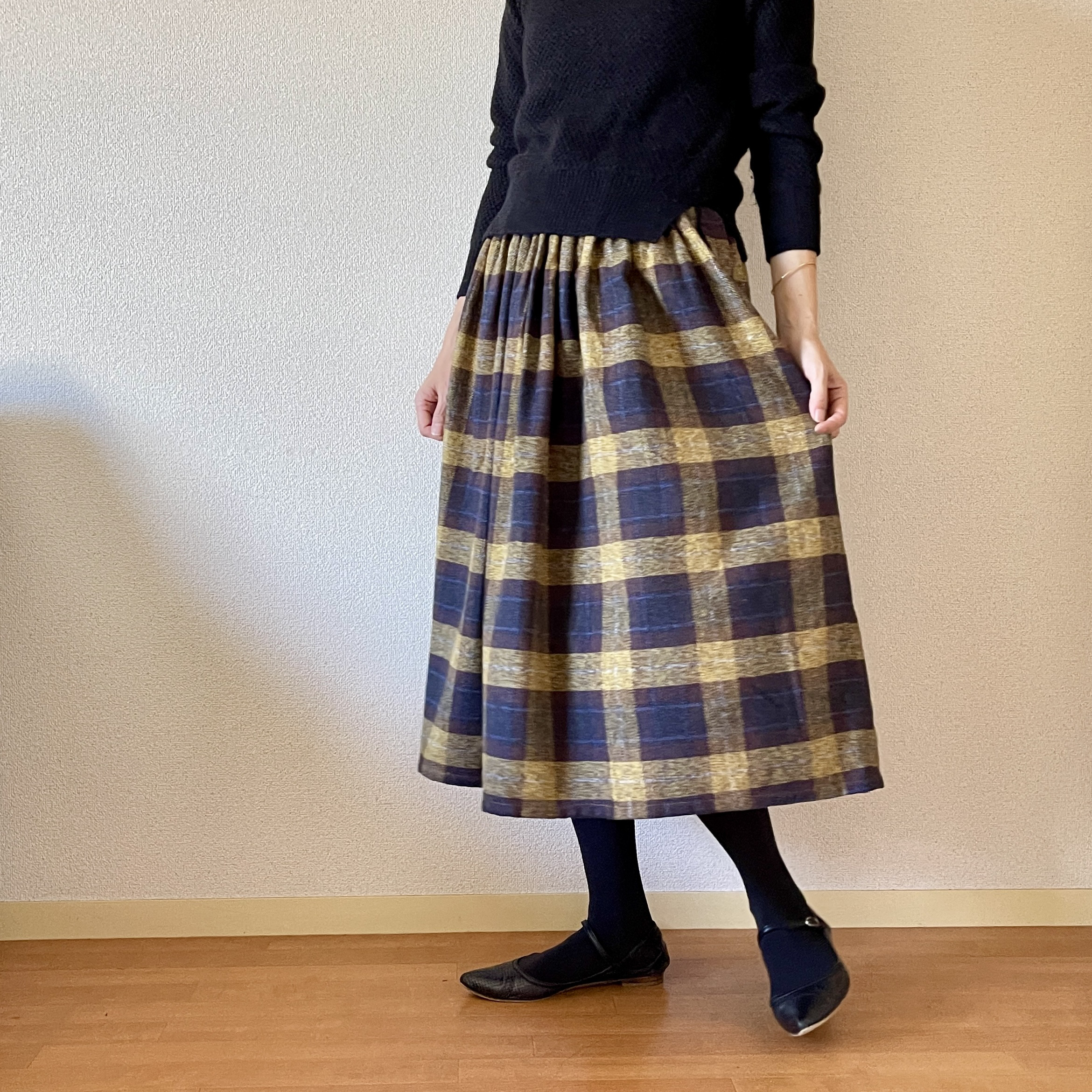 高級感ある風合い♪ウールライクコットンツイード　イエロー　ウエスト変更可