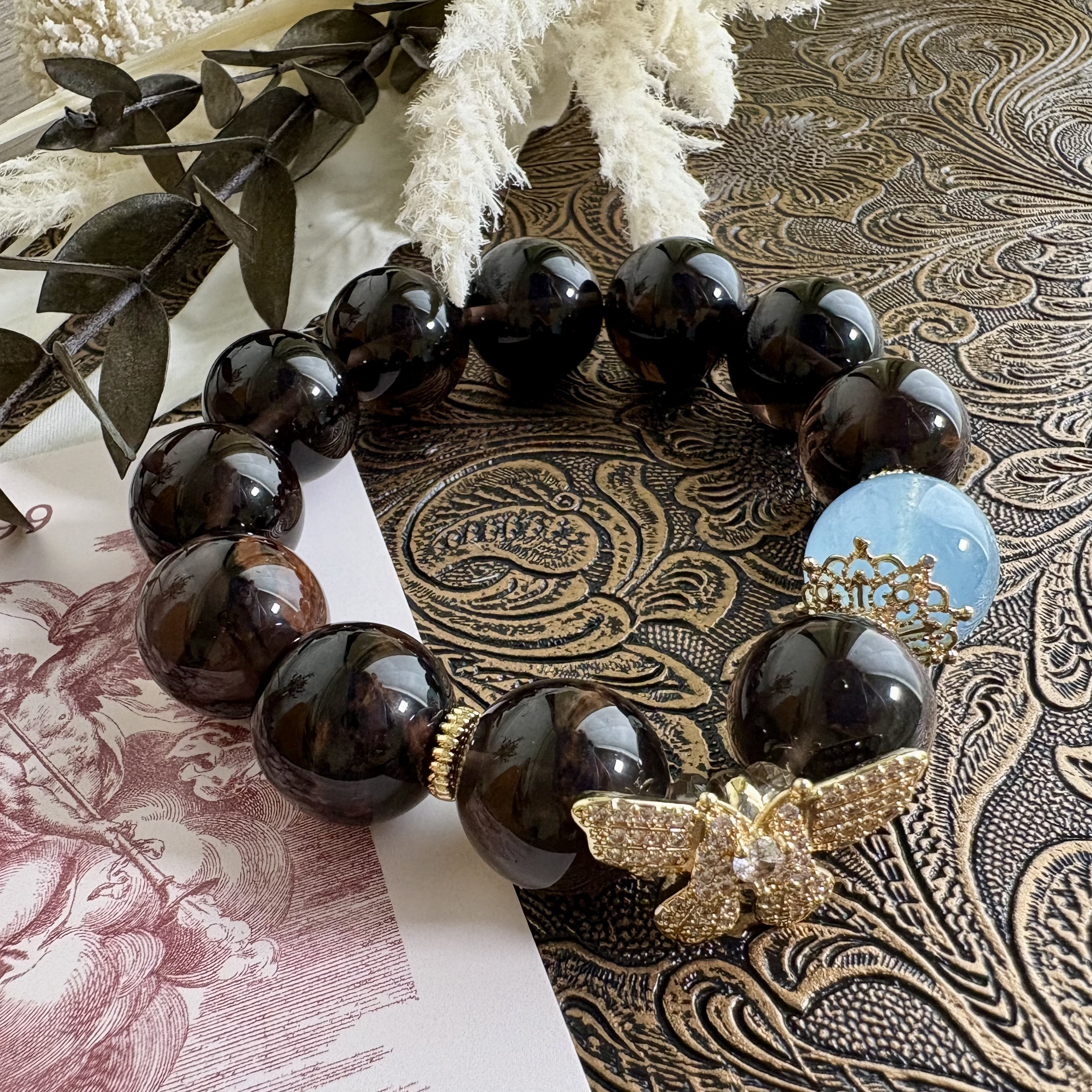 マボガニーオブシディアン×アクアマリンブレスレット331