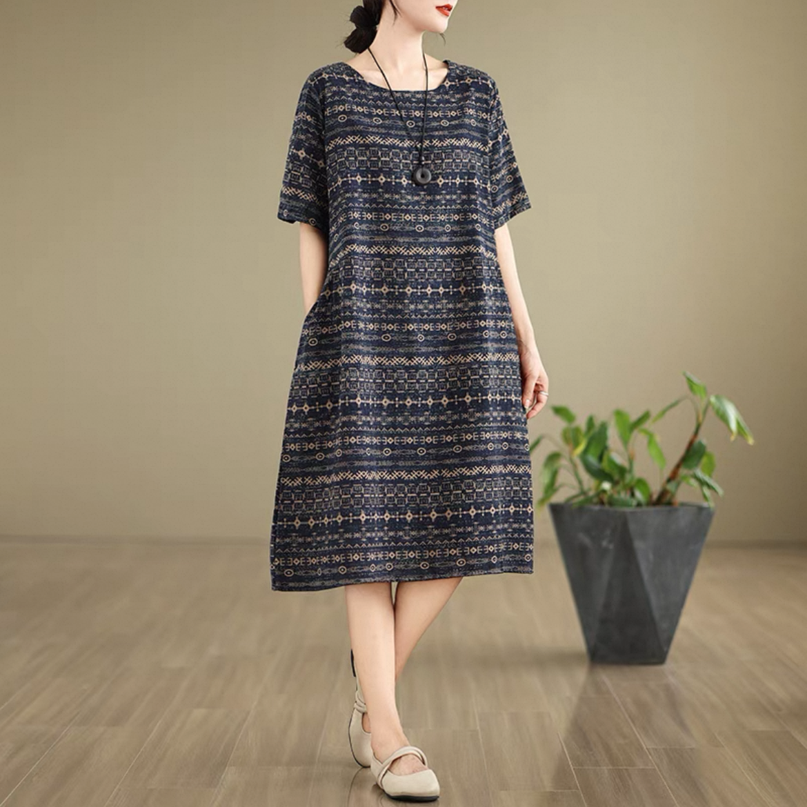 ゆったりワンピース 大人カジュアルワンピース レディースワンピース 綿麻ワンピース 夏ワンピース 冷感 花柄