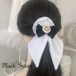 リボン付きホワイトシュシュ スリーフォータイム Three Four Time フリンジシフォンリボン