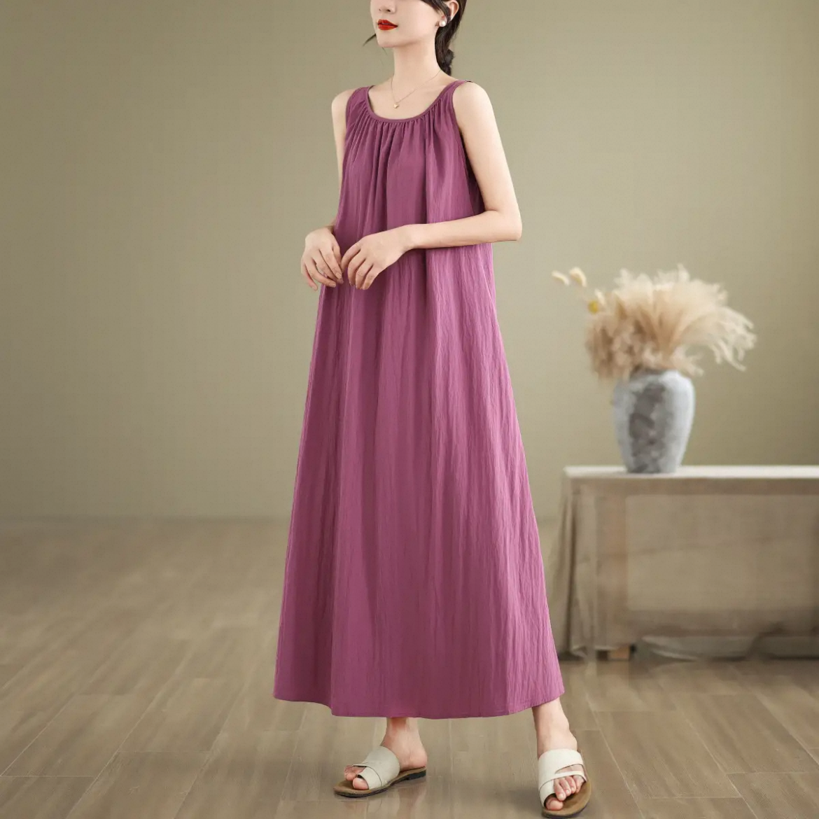 無地ワンピース ノースリーブワンピース 綿麻ワンピース 大人カジュアル 夏 冷感 旅行 人気