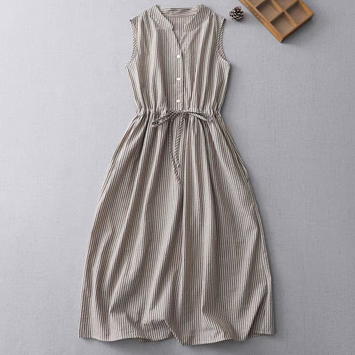 ストライプワンピース ノースリーブワンピース 綿麻 大人カジュアル 夏 冷感 旅行 人気
