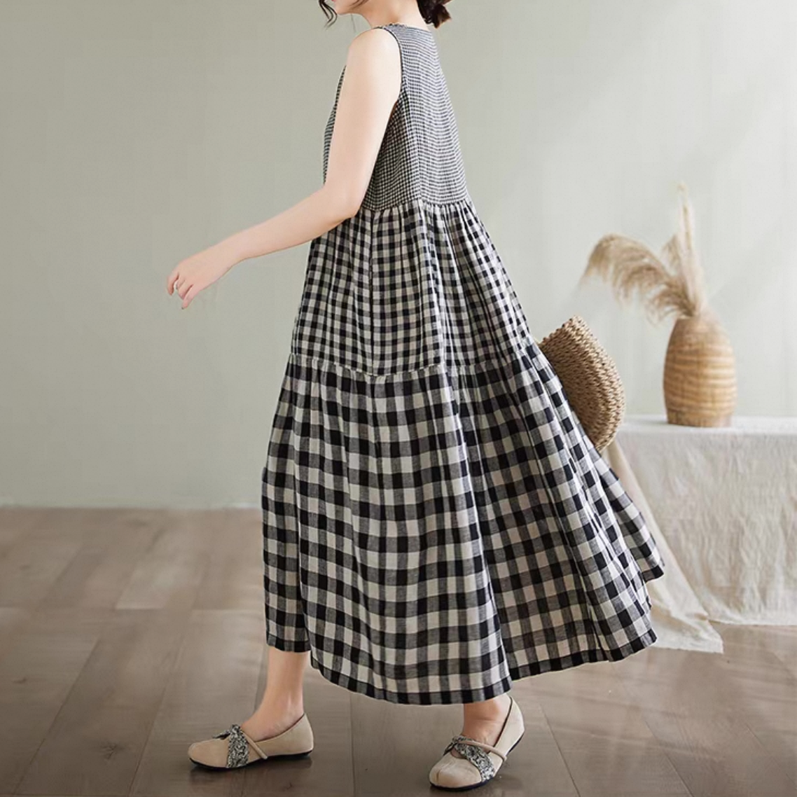 チェックワンピース ノースリーブワンピース 綿麻 大人カジュアル 夏 冷感 旅行 人気