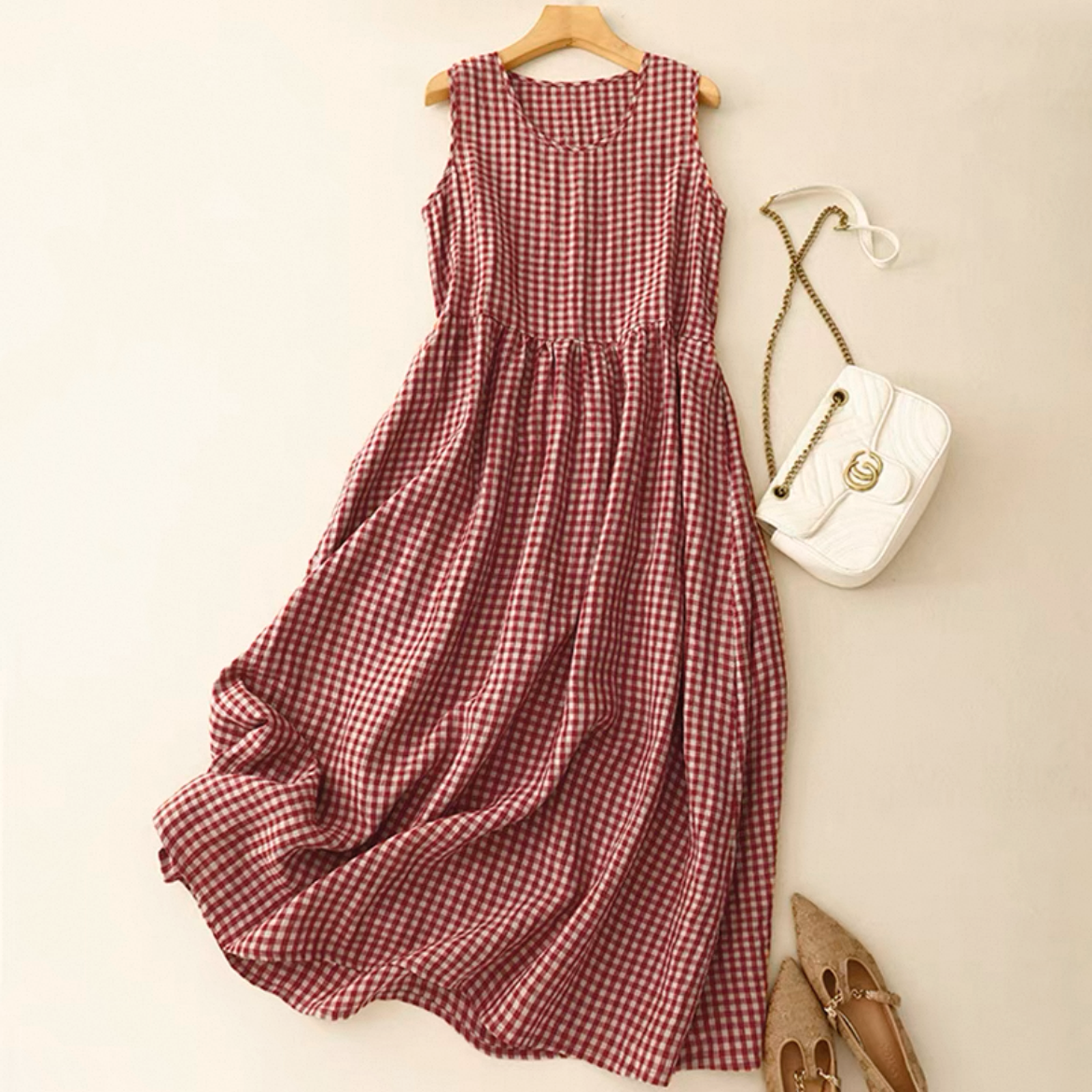 チェックワンピース ノースリーブワンピース 綿麻 大人カジュアル 夏 冷感 旅行 人気