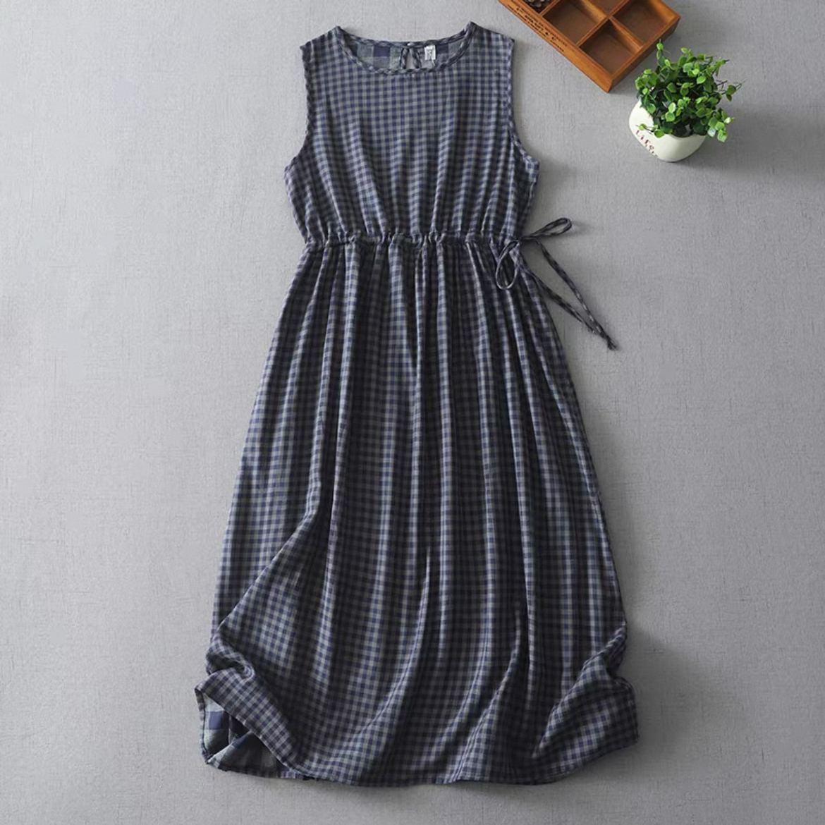 チェックワンピース ノースリーブワンピース 綿麻 大人カジュアル 夏 冷感 旅行 人気