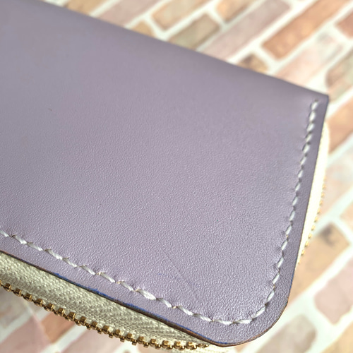 本革 3本挿しラウンドファスナーペンケース パープル アウトレット品