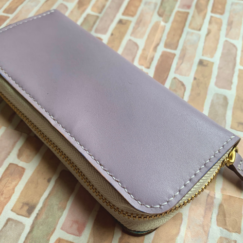 本革 3本挿しラウンドファスナーペンケース パープル アウトレット品