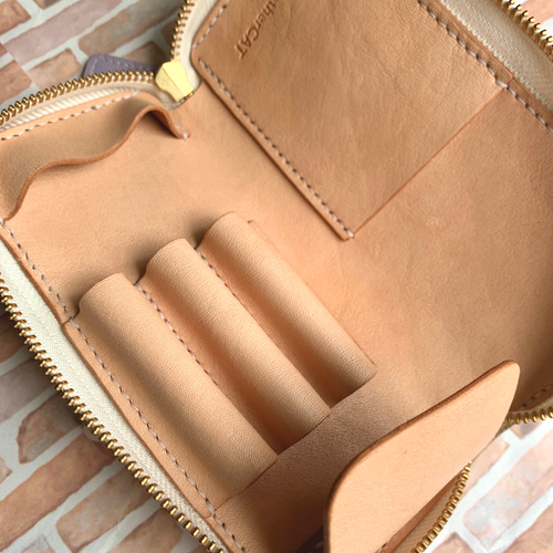 本革 3本挿しラウンドファスナーペンケース パープル アウトレット品