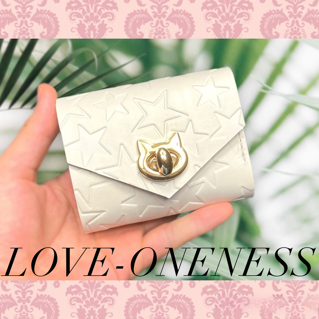 ❤【猫×スター♪】お洒落可愛い猫モチーフの総本革コンパクトミニ財布♪白猫 オフホワイト スター柄 星 希望 夢 富♪