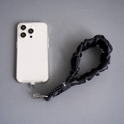 ズレ落ち防止ゴム付　ハンドストラップ（ネオンピンク/ネオングリーン/ホワイト/ブラック）撥水 フリル スマホ ストラップ 4枚目の画像