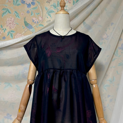 着物リメイク 黒留袖ドレス 金とプラチナ 鳳凰 ギャザースリーブ