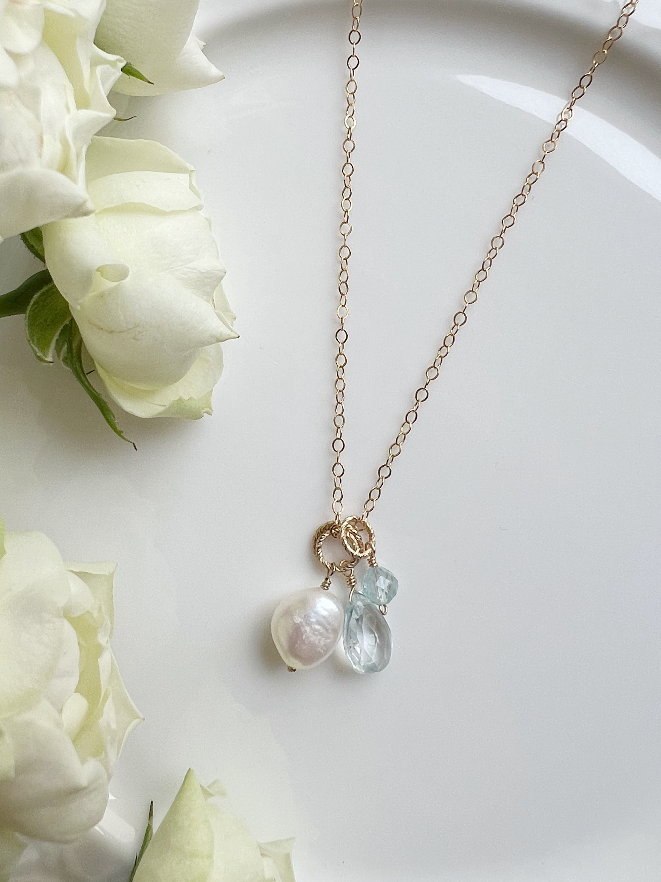 14KGF ブルートパーズ 淡水パール ネックレス Trio