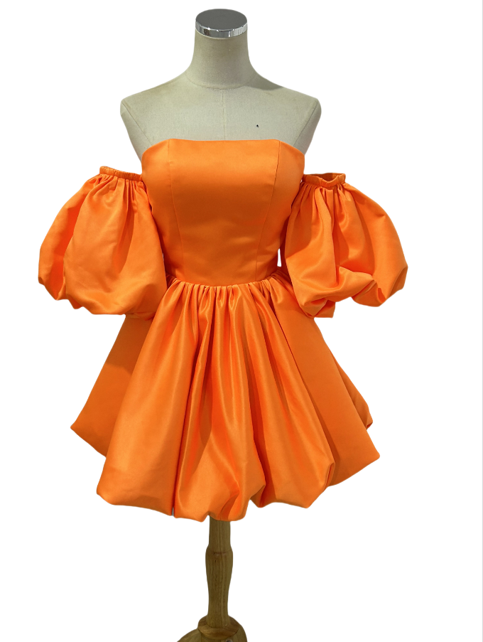 パーティードレス ミニワンピース パフスリーブ 編み上げ 光沢サテン オレンジ  色直し 前撮り