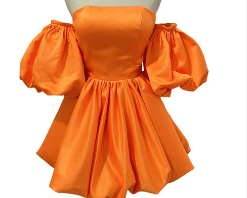オレンジ パフスリーブ マキシドレス パーティードレス ミニワンピース パフスリーブ 編み上げ 光沢サテン