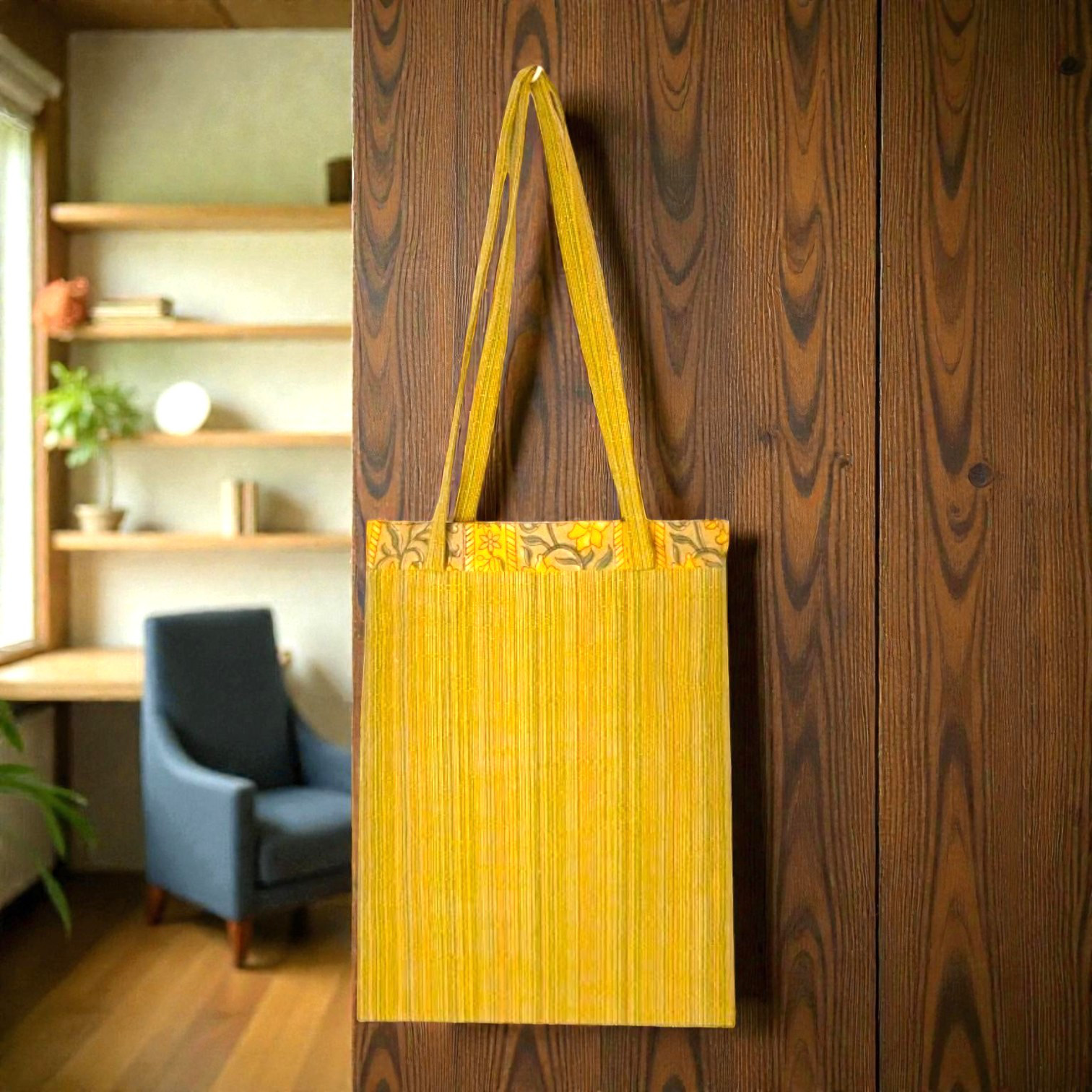 20｜MG FUSION｜裏地も魅せる和ジアン袋｜A4｜会津木綿【やたら縞からし】×インド綿【黄花ストライプ】