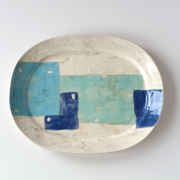 楕円皿 大 青×グリーン 大皿 saasa工房 通販 19694274｜Creema(クリーマ)