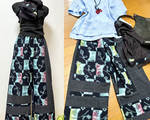久留米絣＊＊ワイドパンツ＋ストール＊着物リメイク キュロット