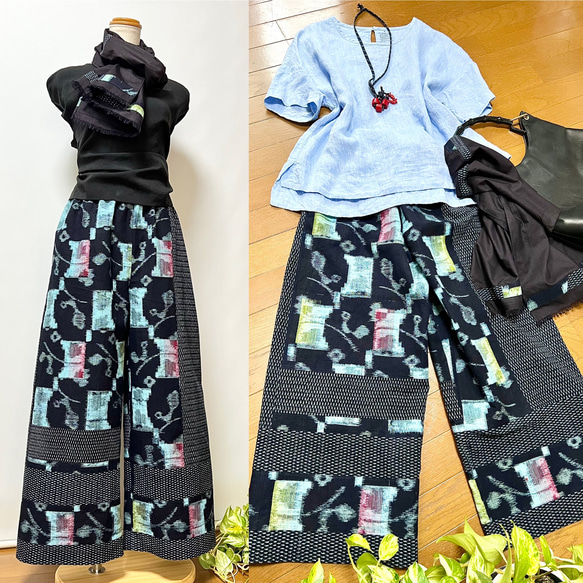久留米絣＊＊ワイドパンツ＋ストール＊着物リメイク キュロット