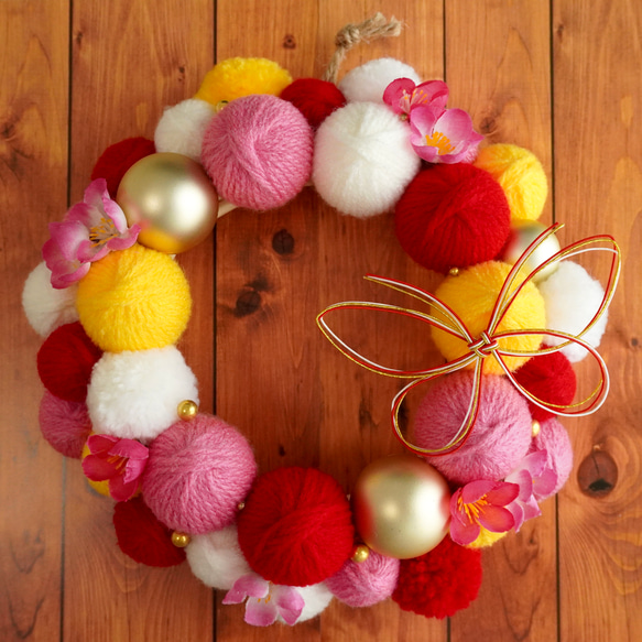 お正月リース ニットリース 毛糸玉リース 梅 蝶々 リース git3.shop