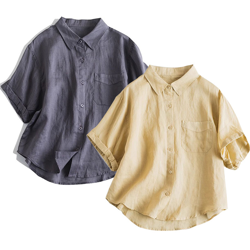 巻き上げ袖口リネン半袖シャツ　ゆとりリネンシャツ　グレーとイエロー2色　M-Lサイズ　L691 5,467円