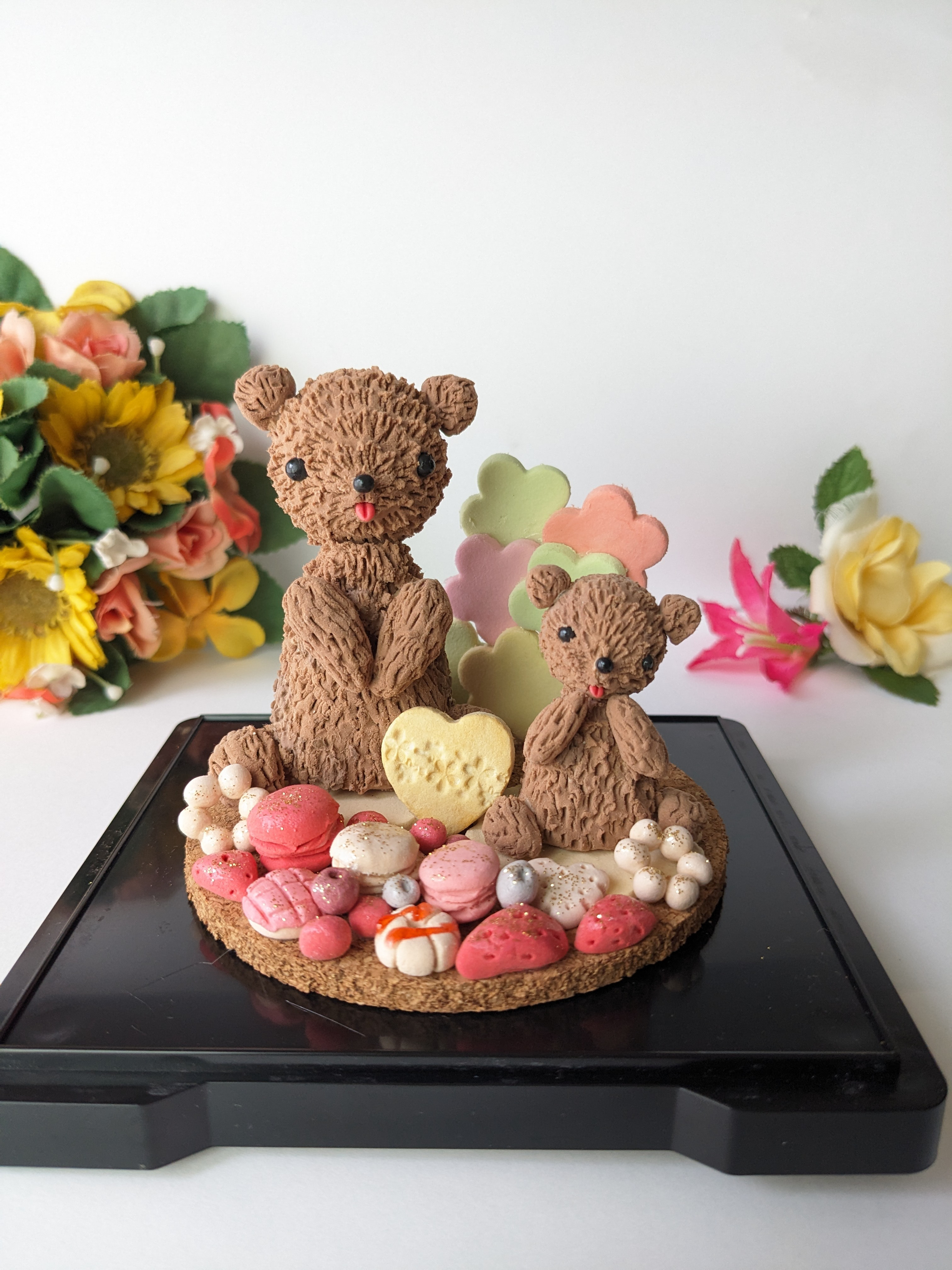 くま置物　仲良し親子スイーツ飾り　くま人形 　動物置物　粘土