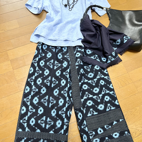 青柄久留米絣＊＊ワイドパンツ＋ストール＊着物リメイク キュロット