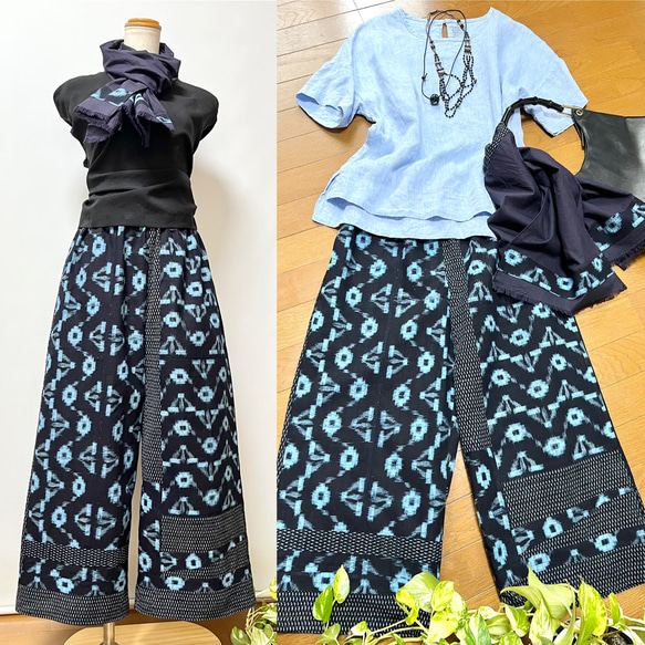青柄久留米絣＊＊ワイドパンツ＋ストール＊着物リメイク