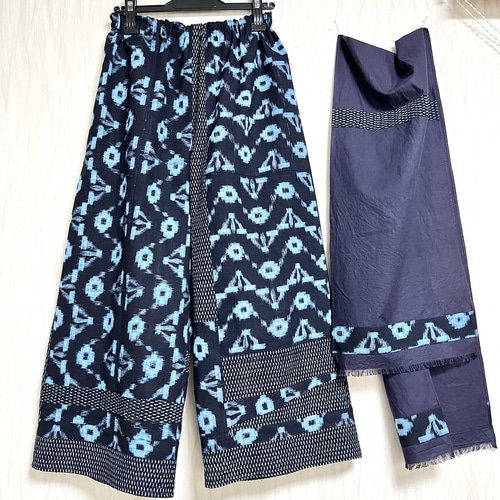 青柄久留米絣＊＊ワイドパンツ＋ストール＊着物リメイク キュロット