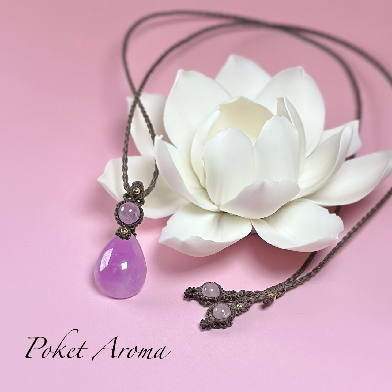 『秋華』高発色クンツァイトのマクラメペンダントネックレス