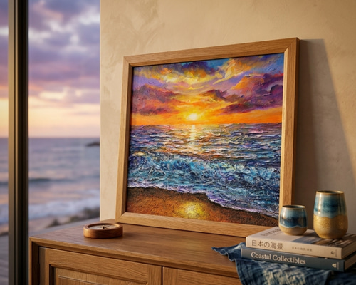 原画「Sea 油絵 at インテリア 贈り物 絵画 額縁付 Dusk」夕暮れの海 絵画