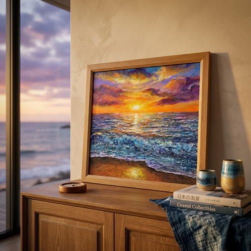 黄金色に輝く海と空の夕景 油絵 原画 色紙(サイズ) 【いつか見た黄金色