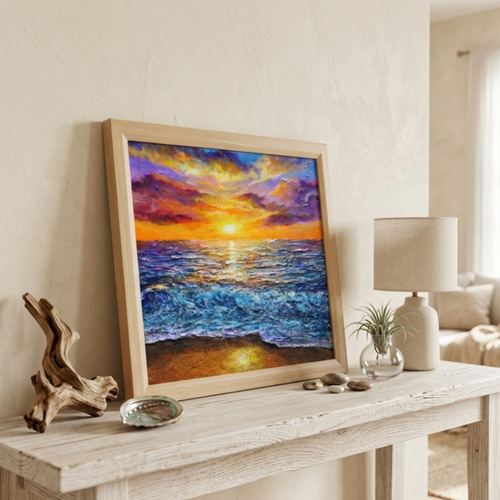 黄金色に輝く海と空の夕景 油絵 原画 色紙(サイズ) 【いつか見た黄金色